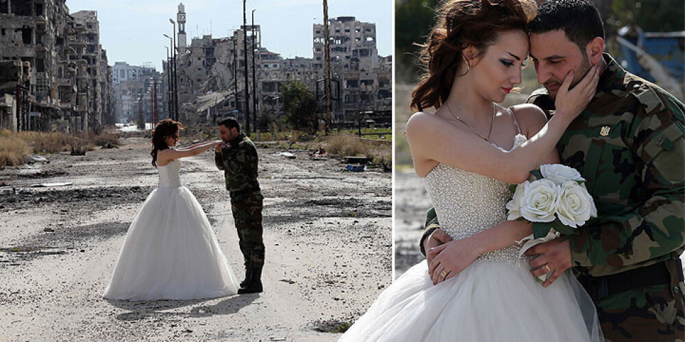 Mīla stiprāka par karu: mīlošs pāris svin kāzas nopostītas pilsētas drupās. FOTO