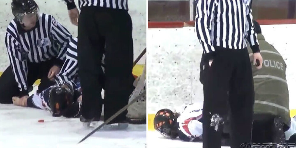 Kaut kas neredzēts! Hokejistu apcietina turpat uz ledus. VIDEO