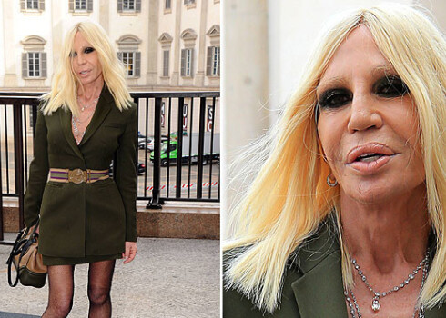 Donatella Versače izskatījās labā fiziskajā formā, taču pirmais, kas allaž piesaista uzmanību, ir dizaineres plastisko operāciju izkropļotā seja.