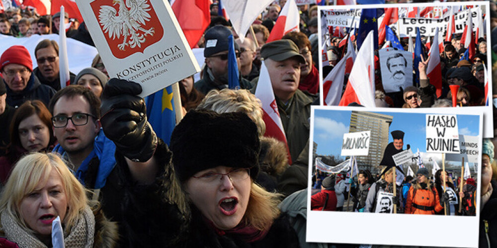 Tūkstošiem cilvēku Varšavas ielās protestē pret valdības politiku. FOTO
