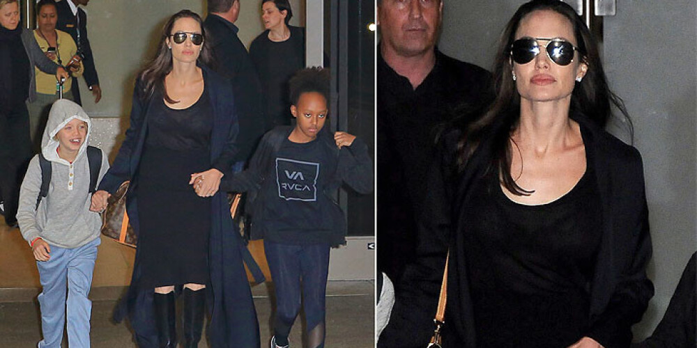 Женщина в черном: Анджелина Джоли с детьми в аэропорту