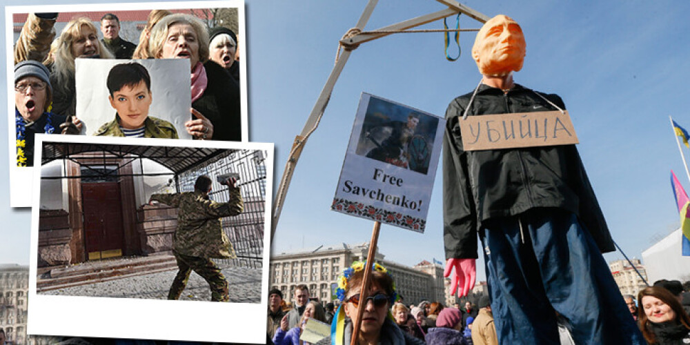 Kijevā protestētāji pie Krievijas vēstniecības pieprasa pilotes atbrīvošanu un pakar Putina lelli. FOTO