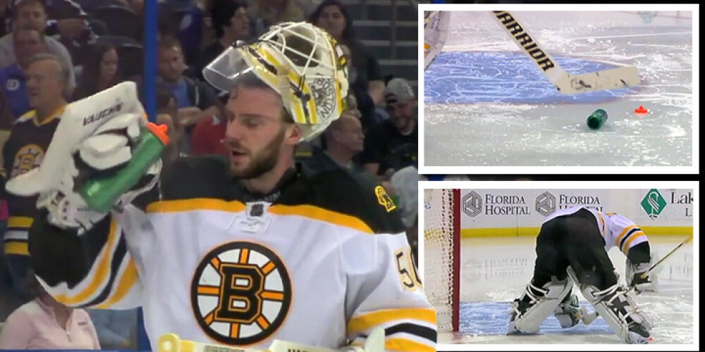 "Bruins" vārtsarga misēkļi ar ūdens pudelēm aptur NHL spēli. VIDEO