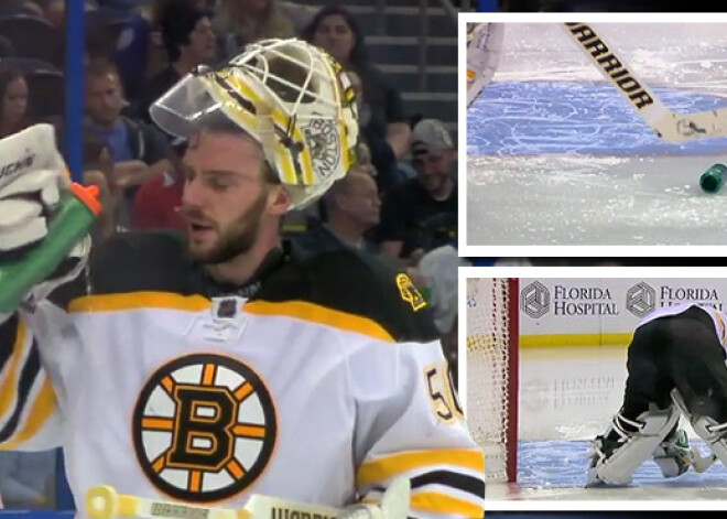 "Bruins" vārtsarga misēkļi ar ūdens pudelēm aptur NHL spēli. VIDEO