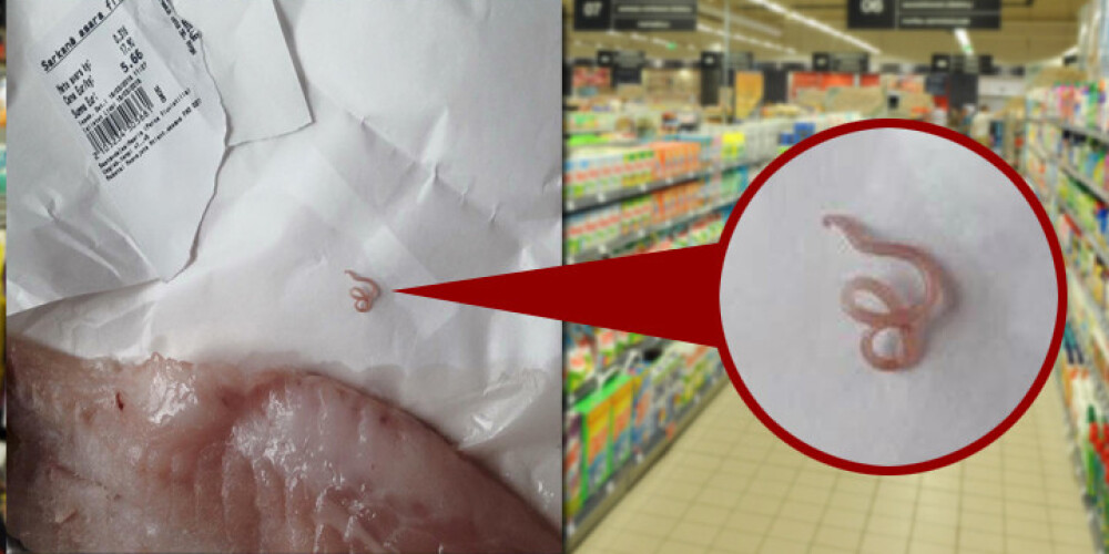 Lielveikalā nopirktā zivs filejā Zane atrod dzīvīgu tārpu. FOTO