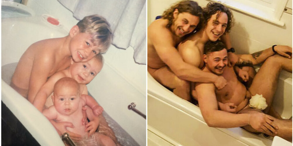 Trīs brāļi pēc 20 gadiem atkal nofotografējas pliki vannā. FOTO