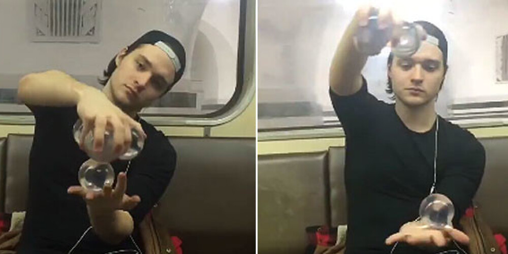 Hipnotizējošs kristāla bumbu pavēlnieka priekšnesums metro. VIDEO