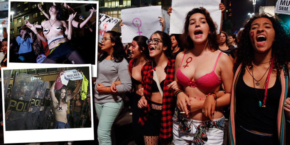 Sievietes ar kailām krūtīm Brazīlijas ielās protestē pret "izvarošanas kultūru". FOTO
