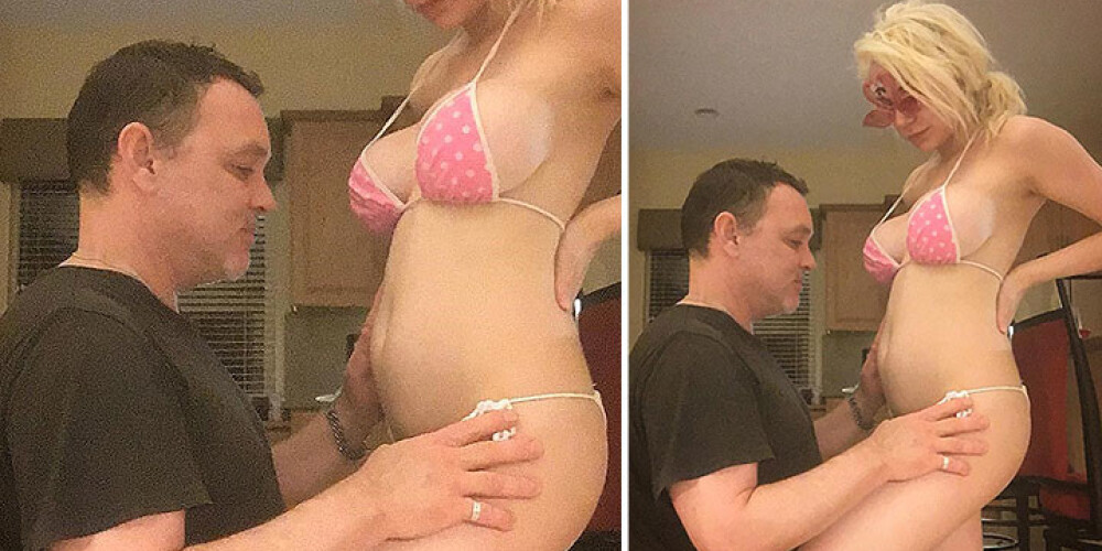 Юная беременная секс-бомба позирует с мужем