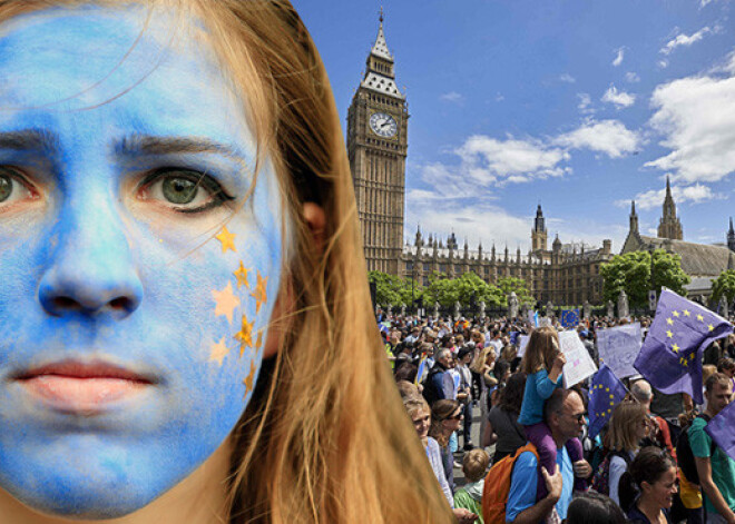 Londonas ielas pārplūdina ES atbalstītāji, kuri vienojas protestā pret "Brexit" balsojumu. FOTO