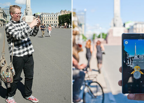 Ernests rāda, kā pareizi ķert pokemonus. Viņš tos sastapa pie Brīvības pieminekļa.