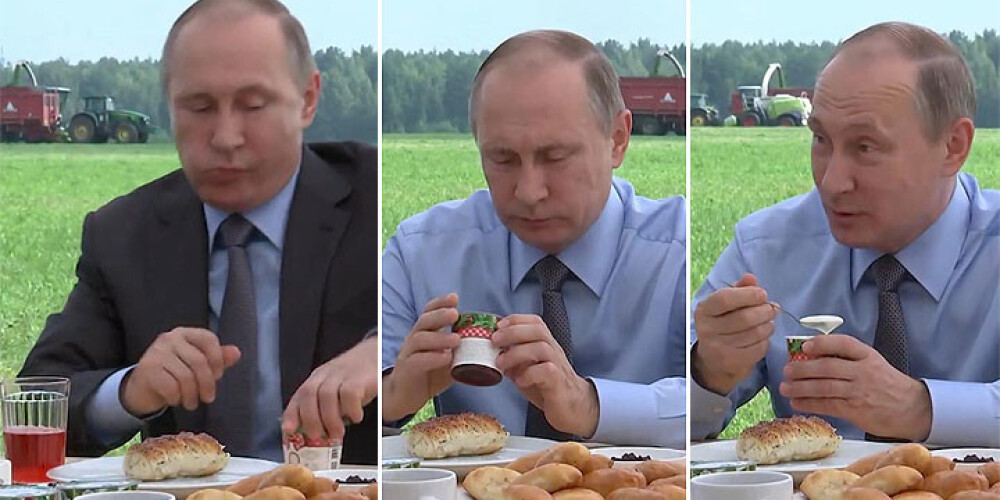 Putins gardu muti ēd jogurtu ar Latvijas dzērvenēm.  VIDEO