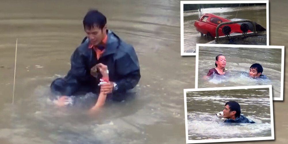 Dramatiski kadri: varonīgs vīrietis no grimstoša auto izglābj sievieti un viņas suni. VIDEO