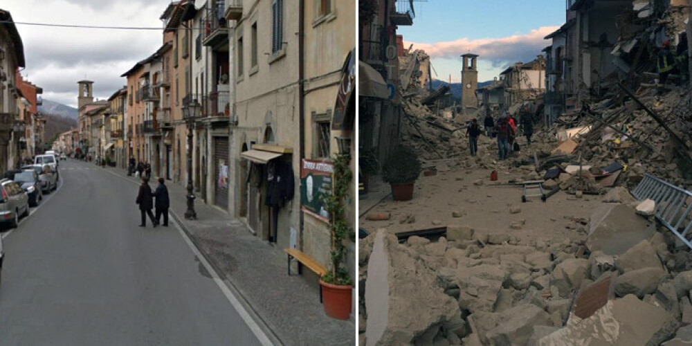 Zemestrīce, kas sagrāva pilsētu. Iespaidīgi PIRMS un PĒC skati no Amatričes Itālijā