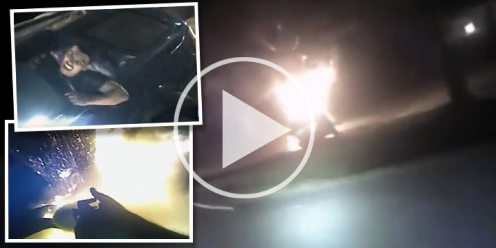 VIDEO: Policists mirkli pirms eksplozijas no degoša auto izglābj tajā iesprostotu šoferi
