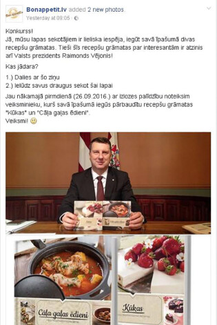 Šobrīd pavārgrāmatu reklāmas kampaņa, kurā izmantots Latvijas prezidenta tēls, savākusi ap 80 „like” un „share”.