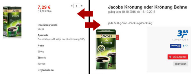 Kafijas „Jacobs Kronung” 500g iepakojums pie mums, veikalos „Maxima” ir nopērkams pa 7,29 eiro. Kā izcelsmes valsts ir norādīta Vācija. Tur šī ražotāja konkrētās kafijas 500g iepakojuma cena ir 3,88.