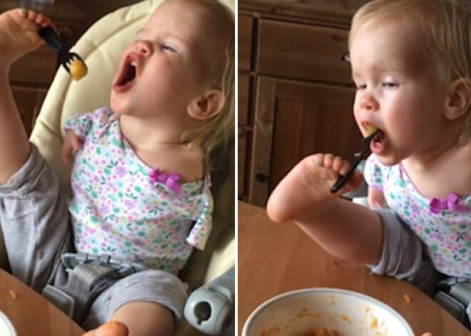 Малышка, рожденная без рук, ловко кормит себя ногами. ВИДЕО
