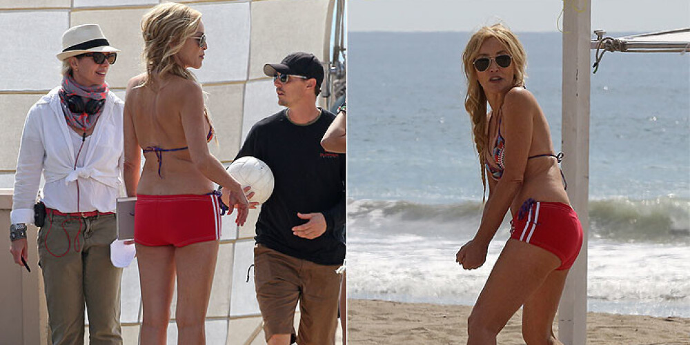 Aktrise Šārona Stouna Malibu pludmalē piedalījās savas jaunākās filmas „A Little Something For Your Birthday” uzņemšanā.