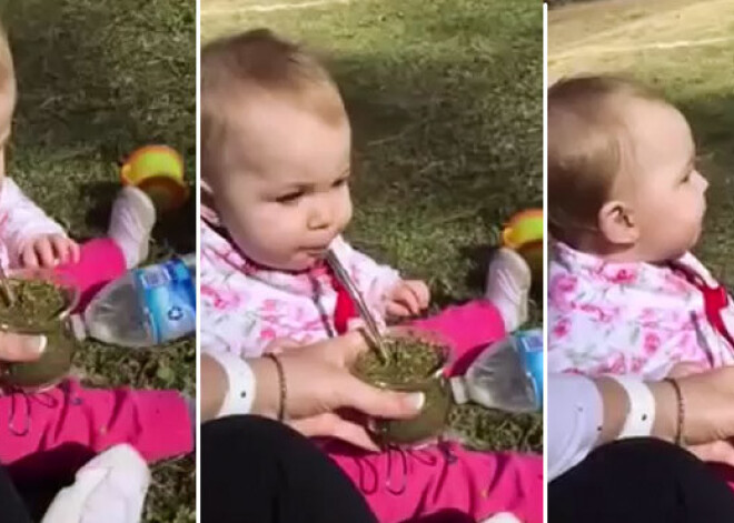 Mazulīte pirmoreiz nogaršo mammas gatavoto Mate tēju. VIDEO