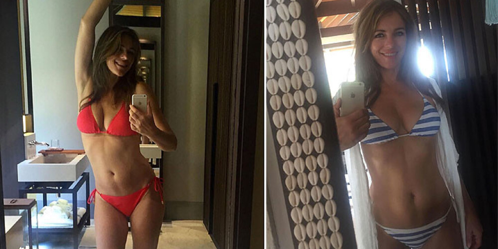 Aktrise un bijusī modele Elizabete Hērlija spoguļa priekšā iepozē „selfijiem” pašas dizianētās kolkecijas peldostīmos.