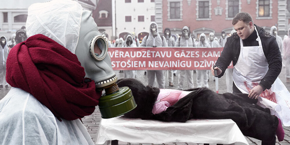 Ar gāzmaskām un simbolisku dzīvnieka nodīrāšanu protestē pret kažokādu izmantošanu modē. FOTO
