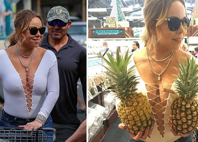 Tā ir jāiet uz veikalu! Meraijai Kerijai dekoltē līdz nabai. FOTO