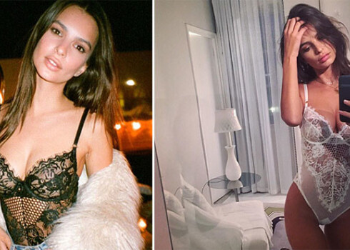 Emīlija Ratažkovski uz pasākumu devusies zīmola „Gooseberry Intimates” melnā mežģīņu apakšveļā. Modele parādījusi, ka tāds pats bodijs viņai ir arī baltā krāsā.