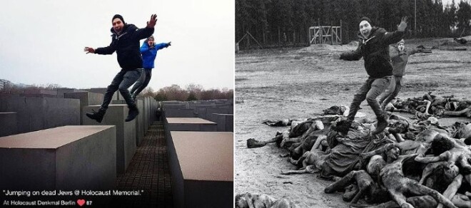 Эти молодые люди снабдили свое фото хэштегом «Прыжки на мертвых евреях @Holocaust Мемориал»