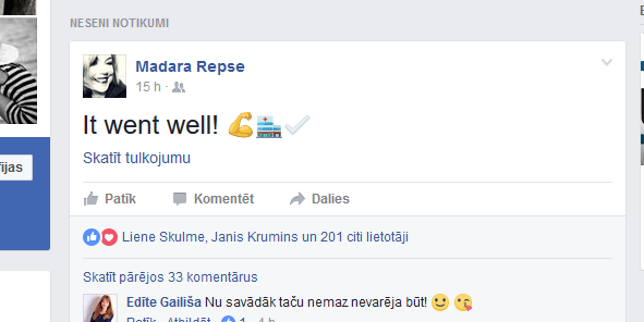 “Tas bija labi!”, ar šiem trijiem vārdiem Madara Repše sociālajos tīklos vēsta, ka operācija noritējusi veiksmīgi.