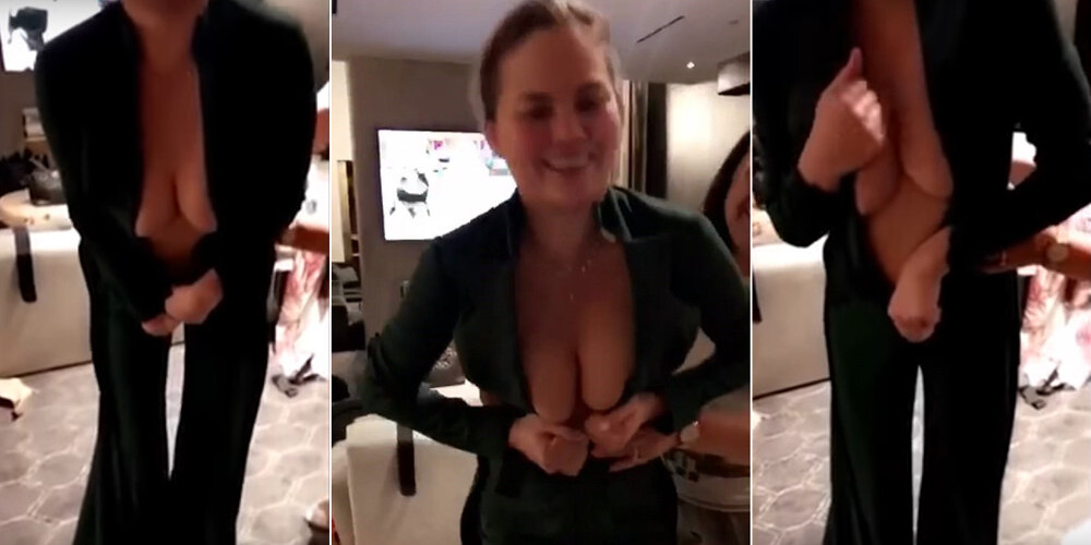 Крисси Тейген так и не смогла застегнуть комбинезон на молнию.