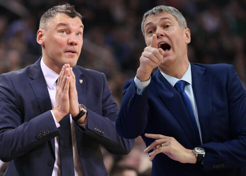 "Maccabi FOX" varētu atlaist Ainaru Bagatski (pa labi) un pēc sezonas beigām parakstīt trīs gadu līgumu ar Šarūnu Jasikeviču (pa kreisi).