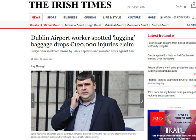 Advokāte Īrijā ar dažām fotogrāfijām izjauc latvieša Jāņa mēģinājumu piedzīt 120 000 eiro