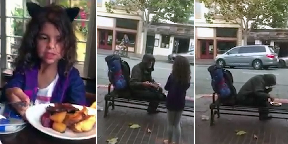 Audzināšanas paraugstunda: meitenīte atdod savas vakariņas uz ielas sēdošam bezpajumtniekam