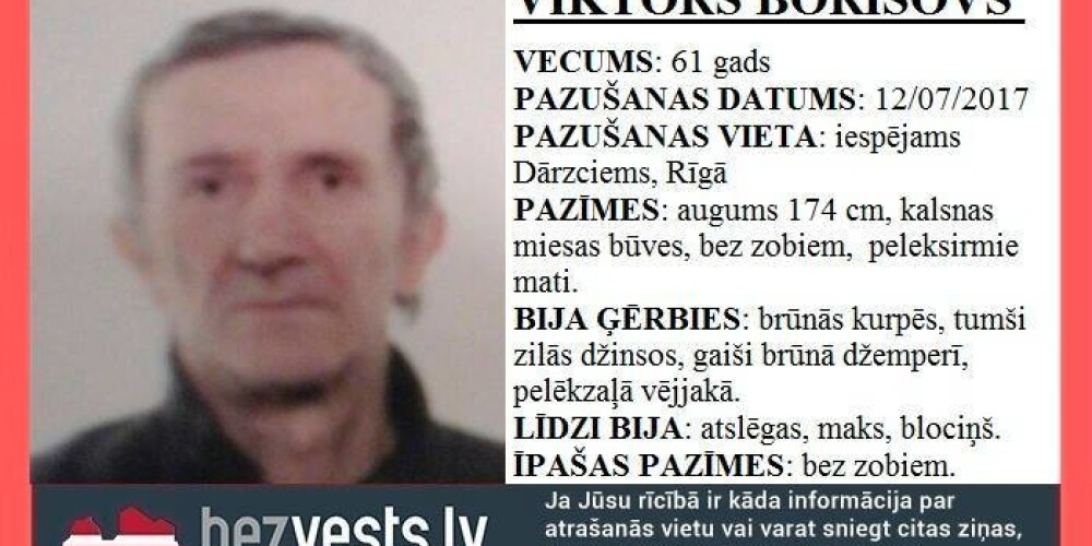 Kopš pagājušās nedēļas bezvēsts pazudis 61 gadu vecs rīdzinieks Viktors