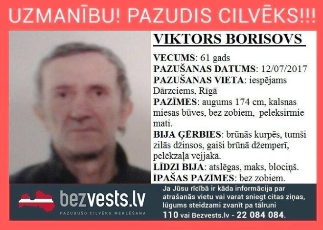 Kopš pagājušās nedēļas bezvēsts pazudis 61 gadu vecs rīdzinieks Viktors