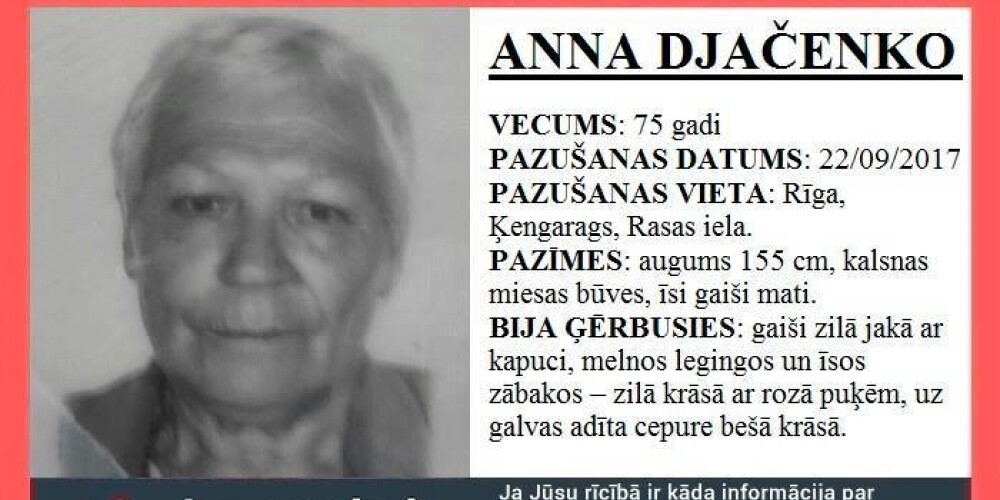 Lūdz palīdzēt: kopš piektdienas Rīgā pazudusi 75 gadus vecā Anna