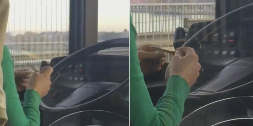 Видео дня: водитель троллейбуса в Риге во время работы делает маникюр