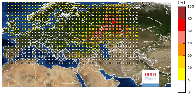 Francijas Radiācijas aizsardzības un kodoldrošības institūta izveidotā karte rāda radioaktīvā rutēnija mākoni pār Eiropu. 