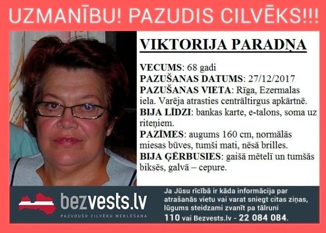 Ceļā uz Centrāltirgu pazudusi 68 gadus vecā Viktorija