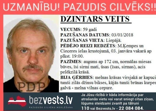 Liepājā jau piecas dienas pazudis 60 gadus vecais Dzintars