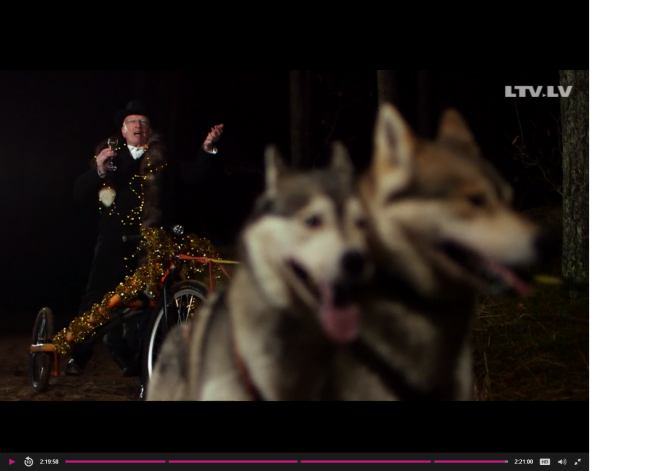 Dažas sekundes pirms kritiena... Filmējot šova izskaņu, Volmārs stāv suņu pajūgā.