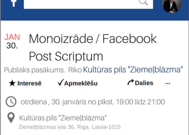 Andra Buļa monoizrāde „Facebook. Post Scriptum” Kultūras pils „Ziemeļblāzma” Lielajā zālē