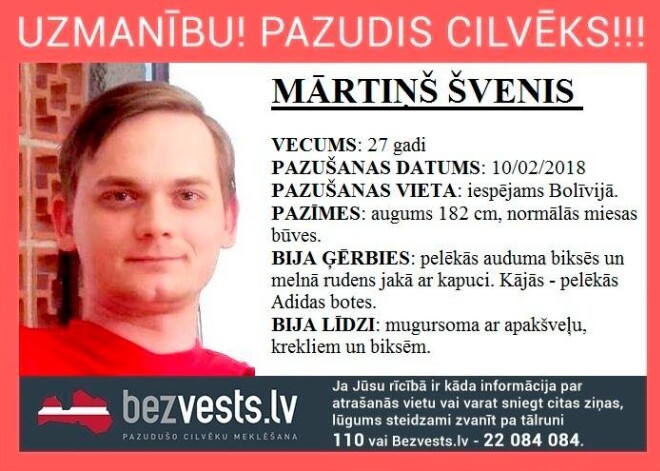 Radinieki ziņo par 27 gadus vecā Mārtiņa pazušanu. Puisis varētu būt Bolīvijā