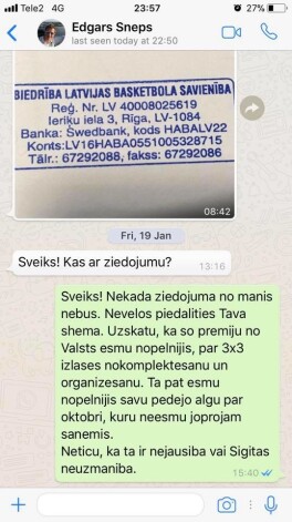 12. martā Jučmanis savā "Facebook" profilā publicējis "WhatsApp" saraksti, kurā tiek apspriesta ziedojuma veikšana LBS.