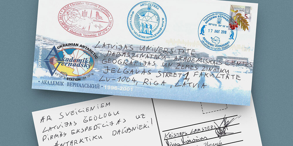 Ekspedīcijas dalībnieku nosūtītā pastkarte.