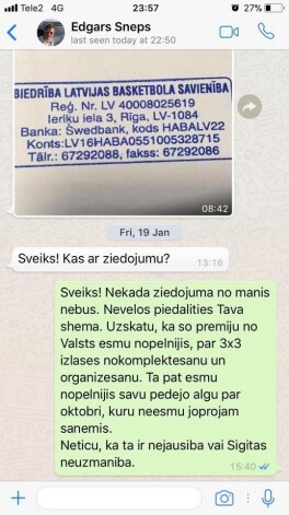 12. martā Jučmanis savā "Facebook" profilā publicējis "WhatsApp" saraksti, kurā tiek apspriesta ziedojuma veikšana LBS.