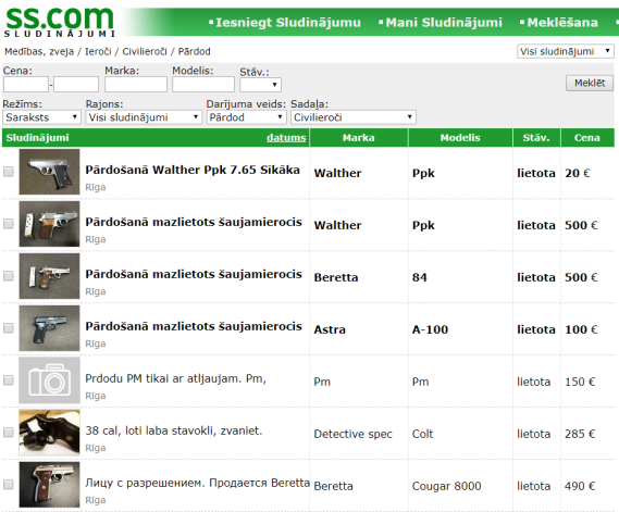 Daļa no portālā Ss.com atrodamajiem sludinājumiem sadaļā "Civilieroči".