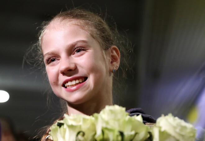 MOSCOW REGION, RUSSIA - MARCH 12, 2018: Russian athlete Alexandra Trusova, a winner of the 2018 World Junior Figure Skating Championship in Sofia, Bulgaria, welcomed at Sheremetyevo International Airport; Trusova has set several new junior world records including the highest technical score in women's figure skating. Vyacheslav Prokofyev/TASS