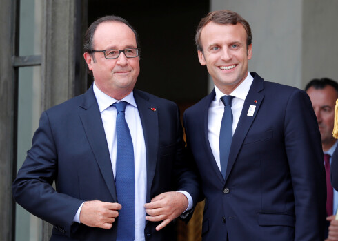 Bijušais Francijas prezidents Fransuā Olands (pa kreisi) un tagadējais valsts galva Emanuēls Makrons.